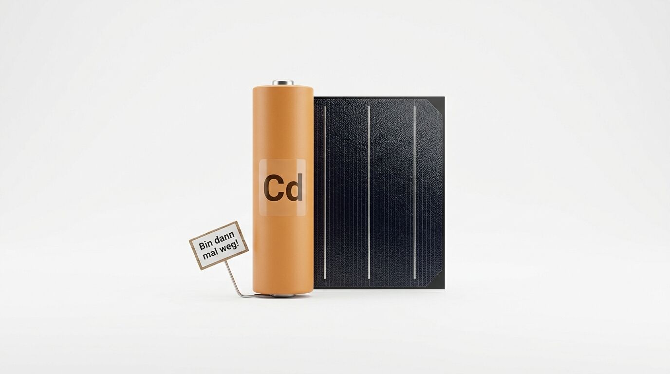 Eine Batterie mit der Aufschrift Cd neben einem Solarpaneel, links ein Schild