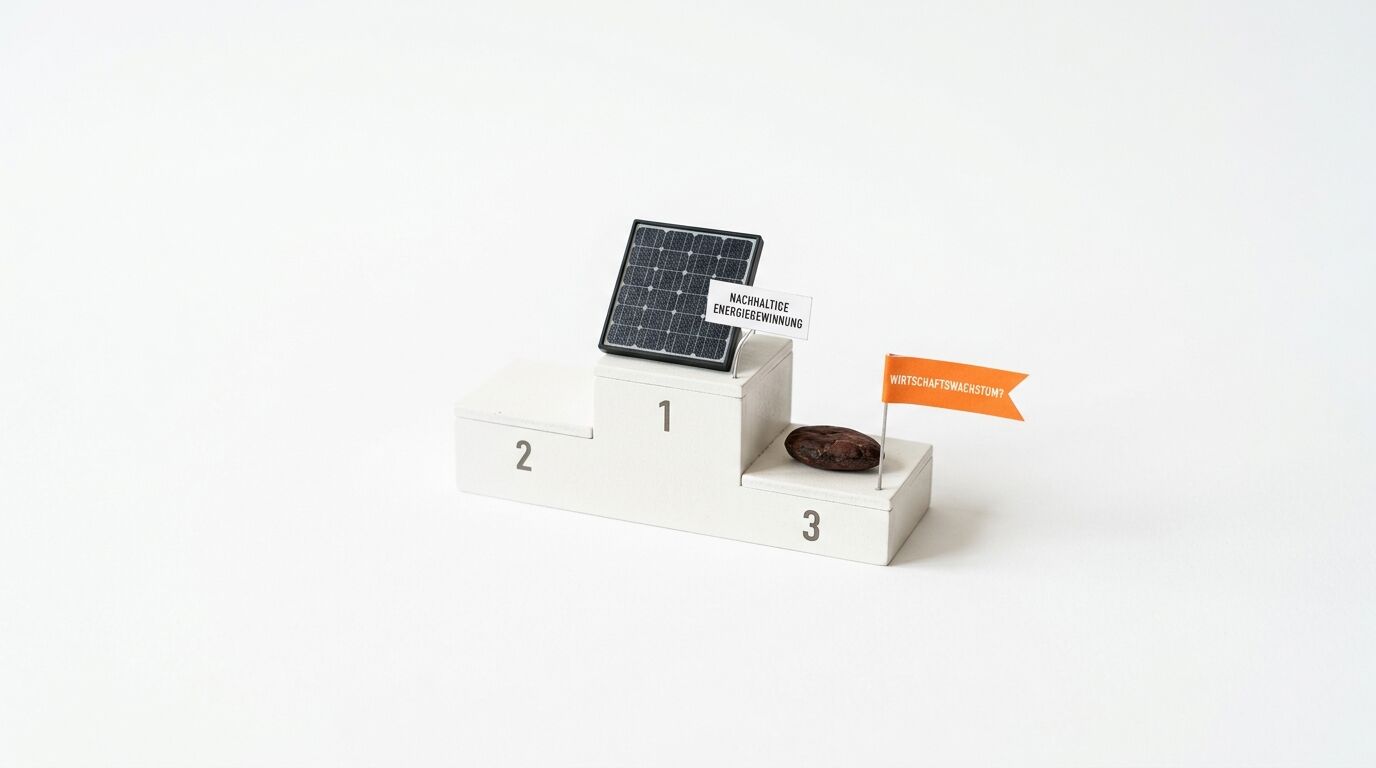 Ein Solarpanel auf Platz 1 und ein Kohlestück auf Platz 3 eines Siegertreppchens