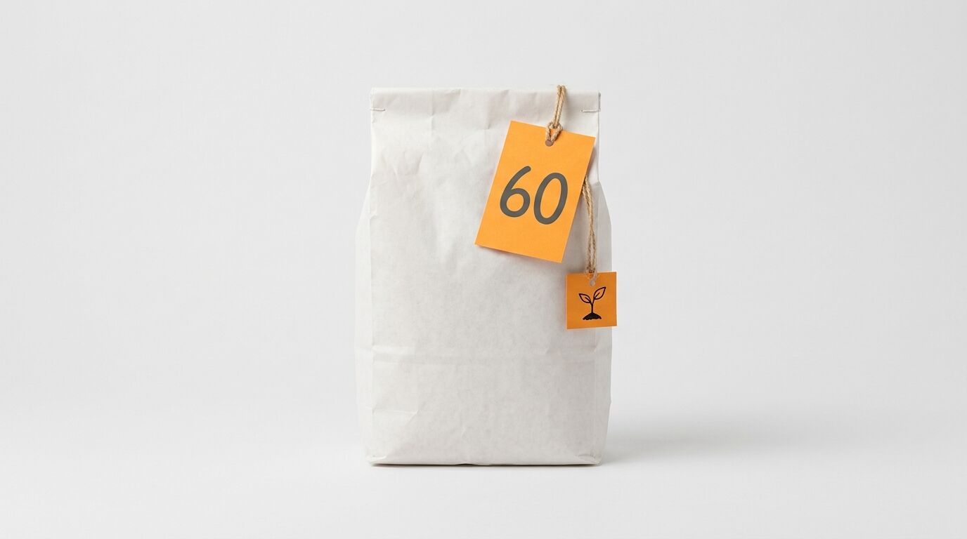 Papiertüte mit orangefarbenem Anhänger und der Zahl sechzig