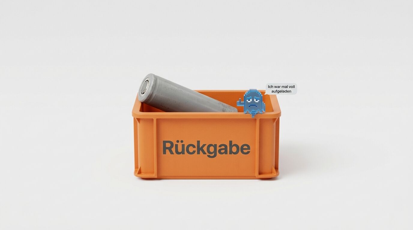 Orangene Kiste mit Batterie, Pixel-Geist und Aufschrift „Rückgabe“