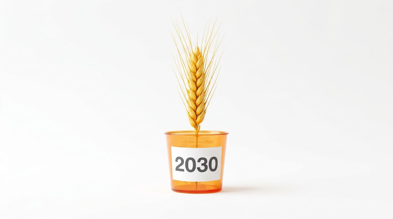 Weizenähre in einem orangefarbenen Messbecher mit der Aufschrift „2030“ auf weißem Grund