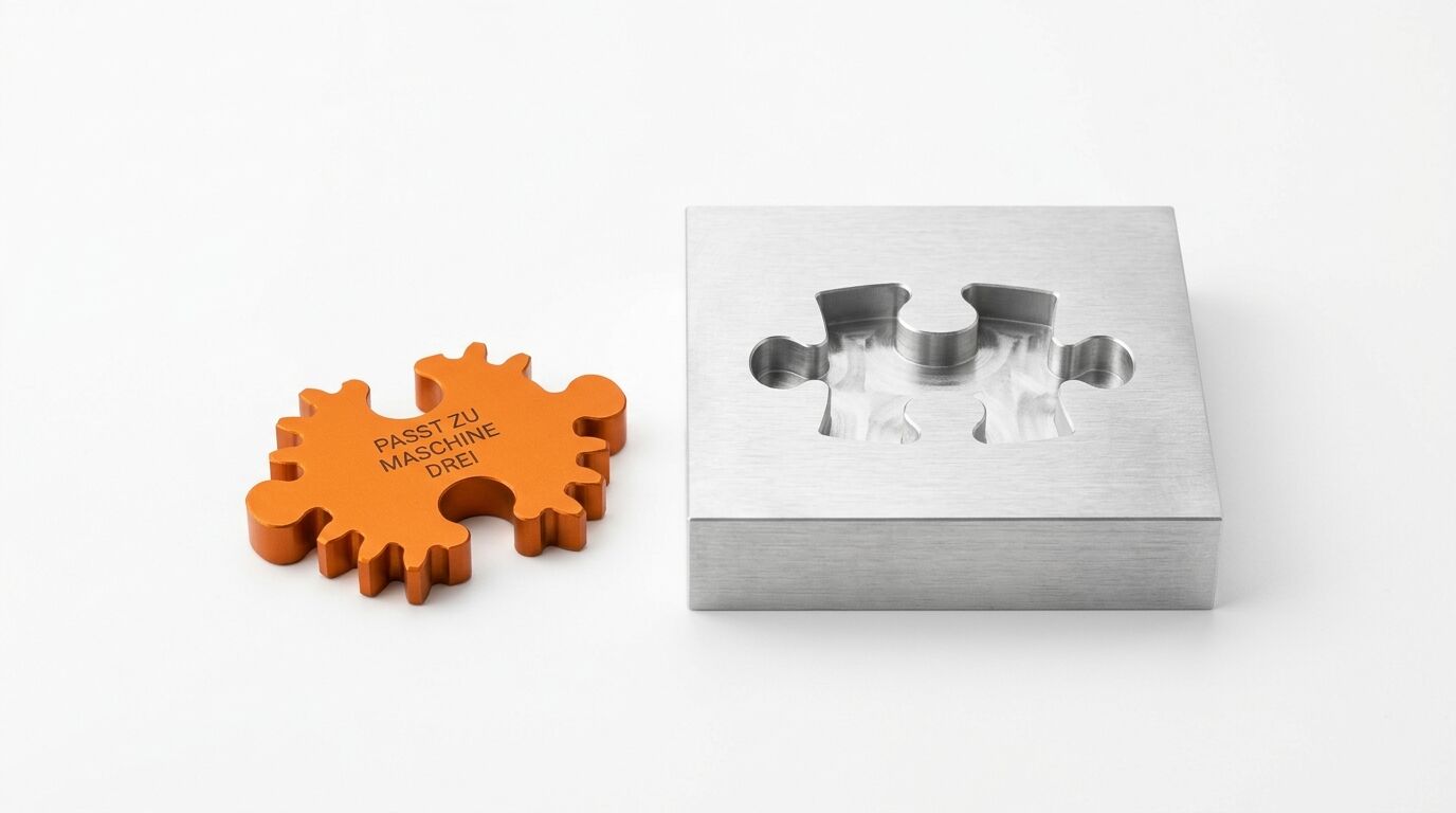 Oranges Zahnrad mit Aufschrift neben metallischer Gießform mit drei Zahnrad-Aussparungen auf weißem Hintergrund