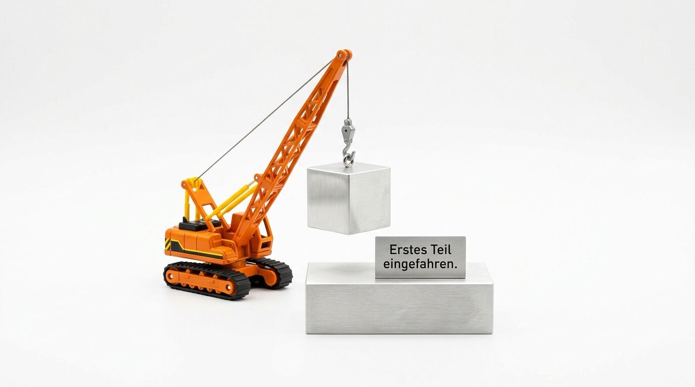 Spielzeugkran hebt silbernen Würfel über Betonblock mit Schild "Erstes Teil eingefahren"