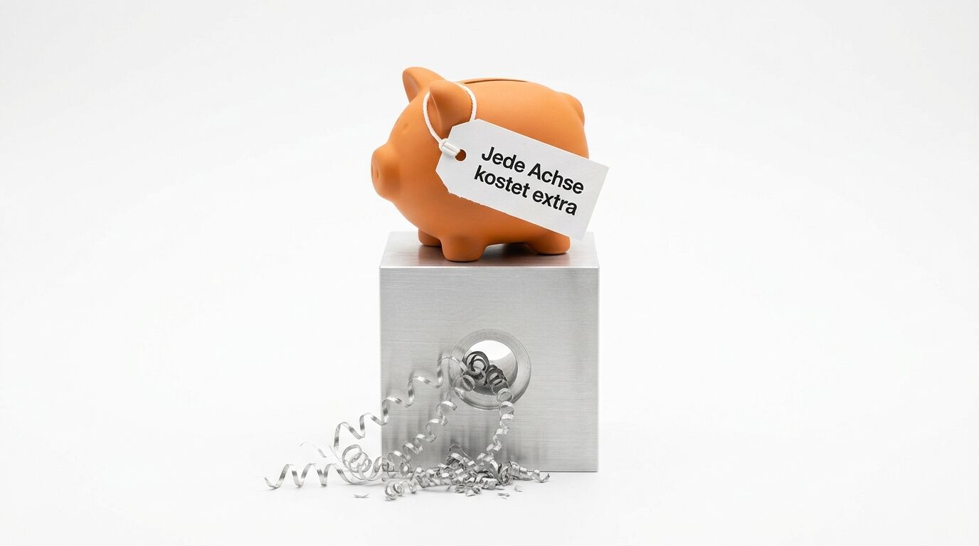 Oranges Sparschwein mit Etikett "Jede Achse kostet extra" auf silbernem Würfel mit Loch und Münzrollen