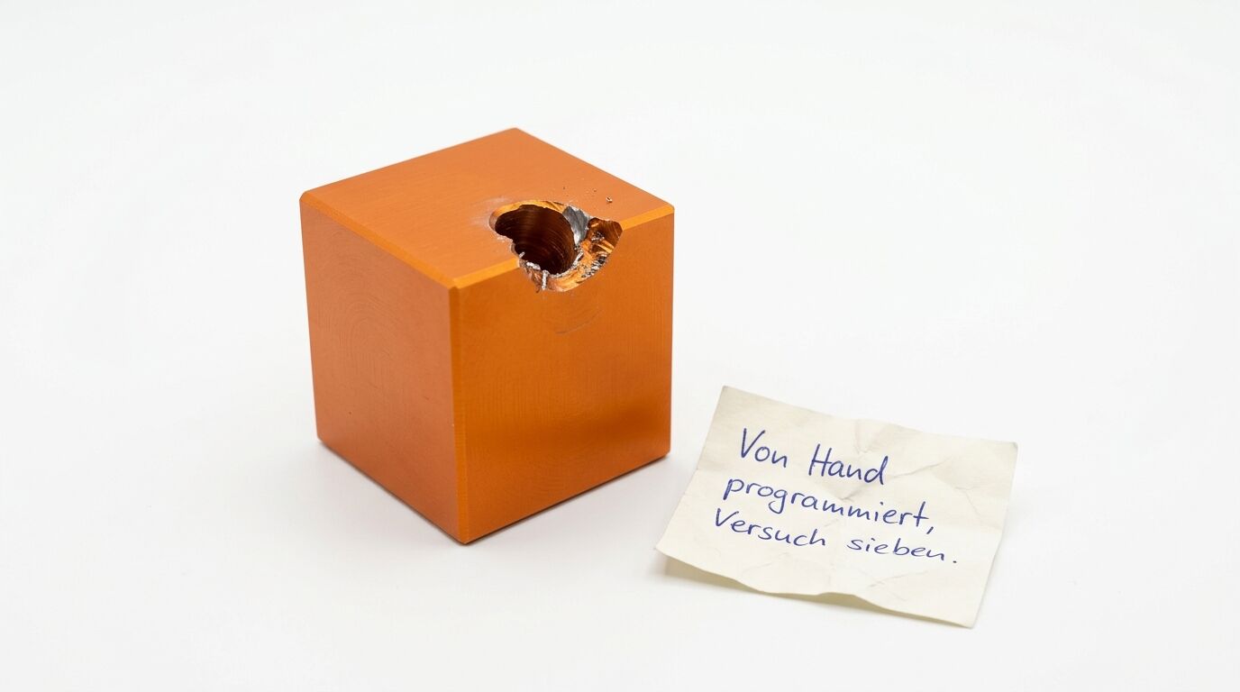 Orangener Würfel mit Loch und Notiz "Von Hand programmiert, Versuch sieben" auf weißem Hintergrund
