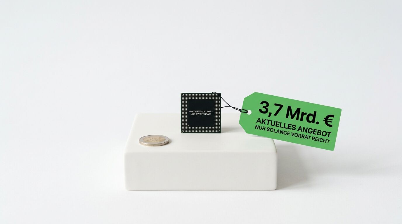 Chip und Münze auf Podest mit Preisschild von 3,7 Mrd. €