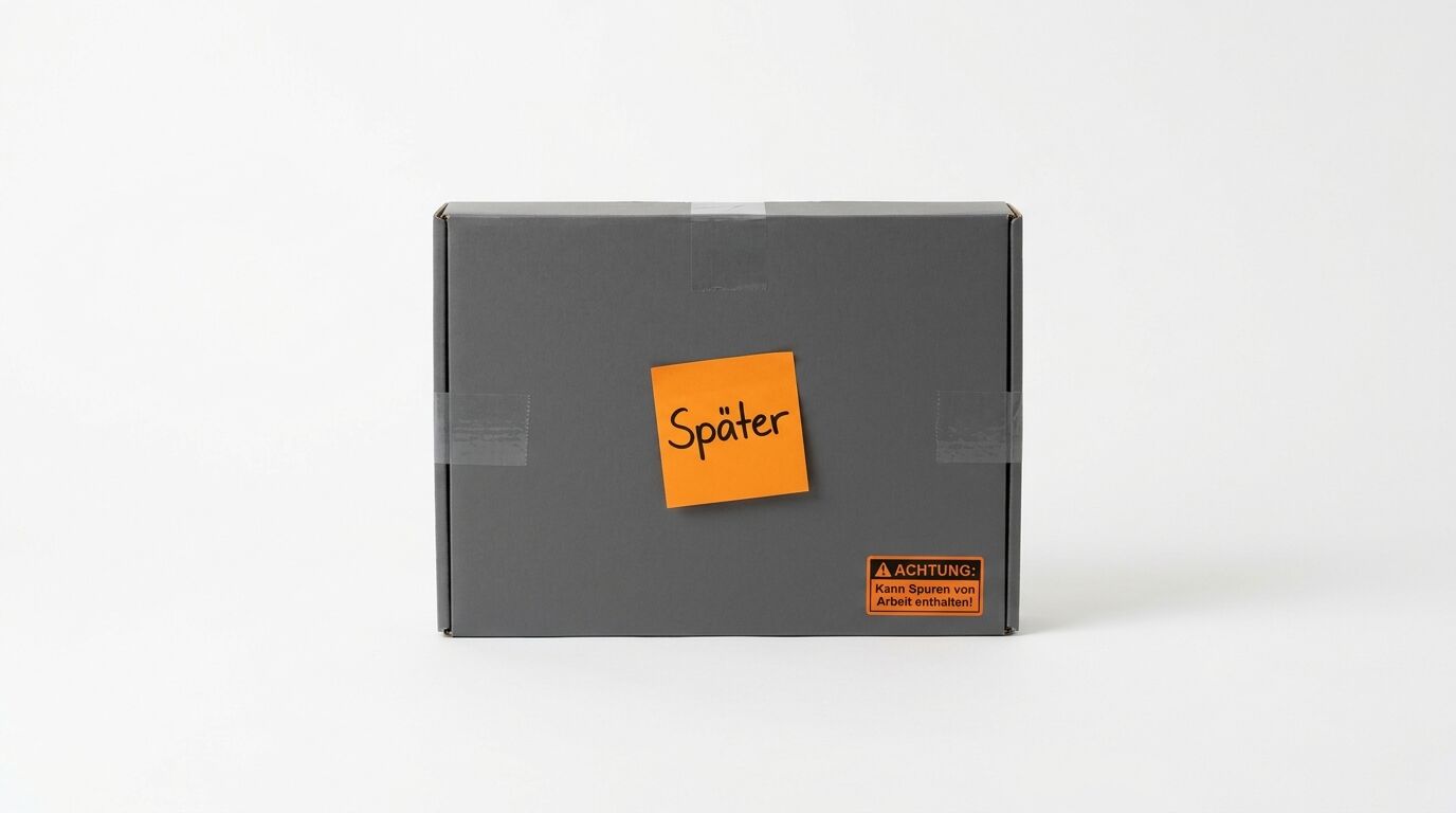Grauer Karton mit Notizzettel „Später“ und Warnhinweis „ACHTUNG: Kann Spuren von Arbeit enthalten!“
