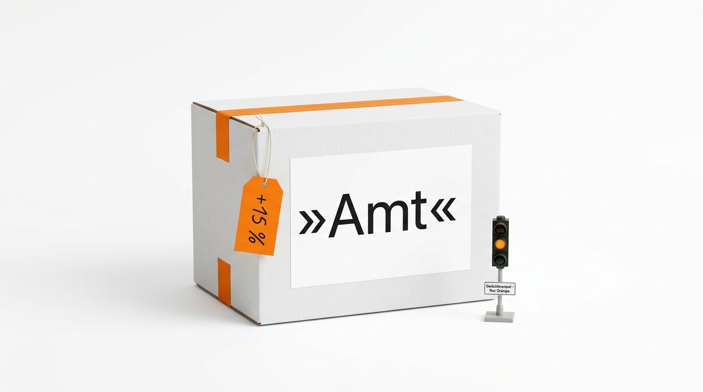 Paket mit Text »Amt«, +15%-Preisschild und Ampel