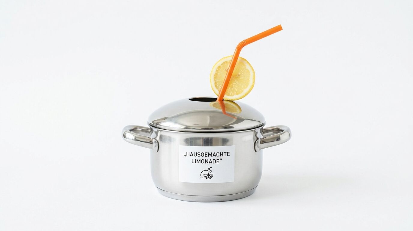 Kochtopf mit Deckel, Zitronenscheibe, orangefarbenem Strohhalm und Etikett auf weißem Hintergrund