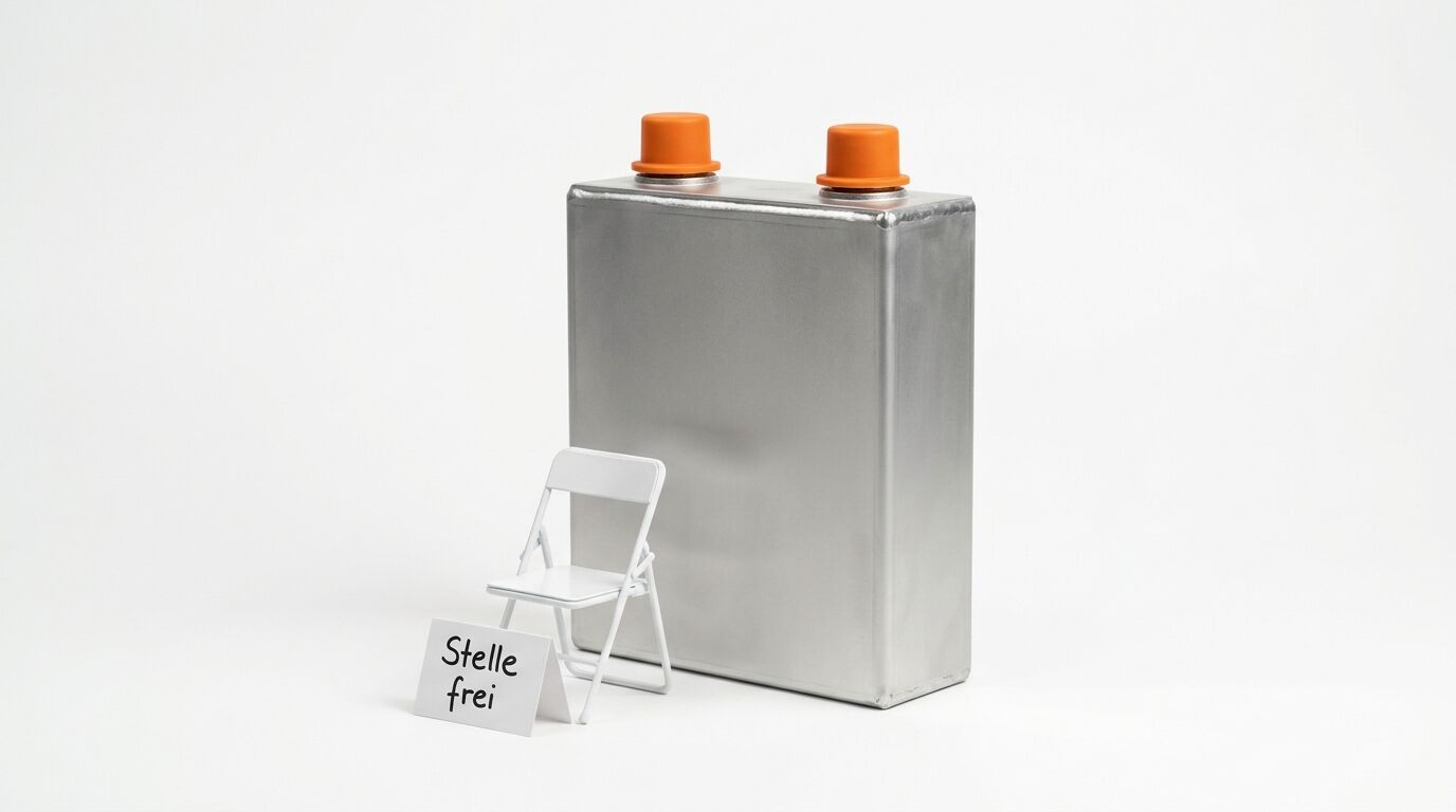 Große Batterie, Klappstuhl und Schild „Stelle frei“ vor weißem Hintergrund