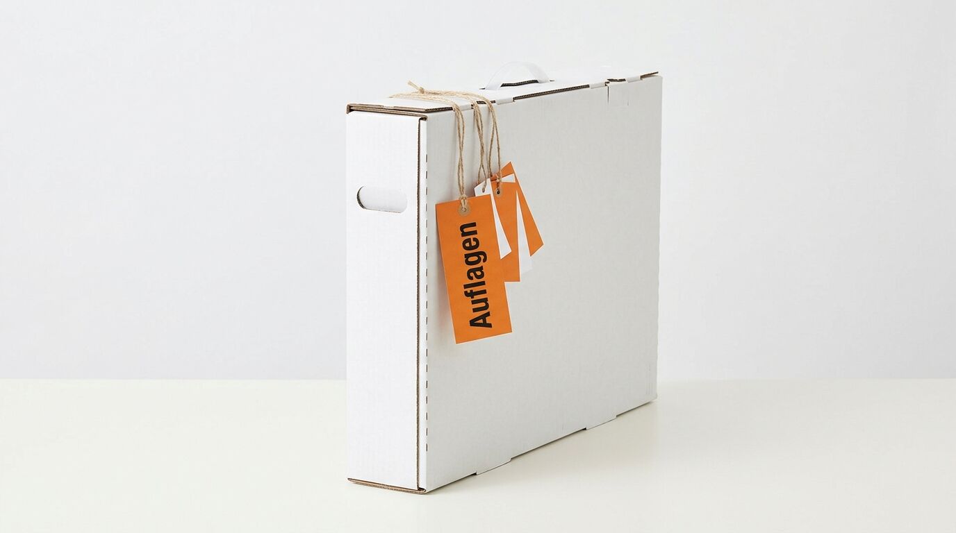 Ein weißer Karton im Aktenkofferformat mit vier orangefarbenen Anhängern und der Aufschrift
