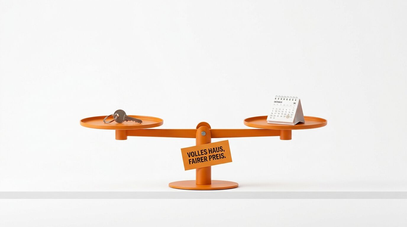 Orange Waage mit Schlüsselbund links und Kalender rechts, ausgewogen. Schild: "Volles Haus, fairer Preis"