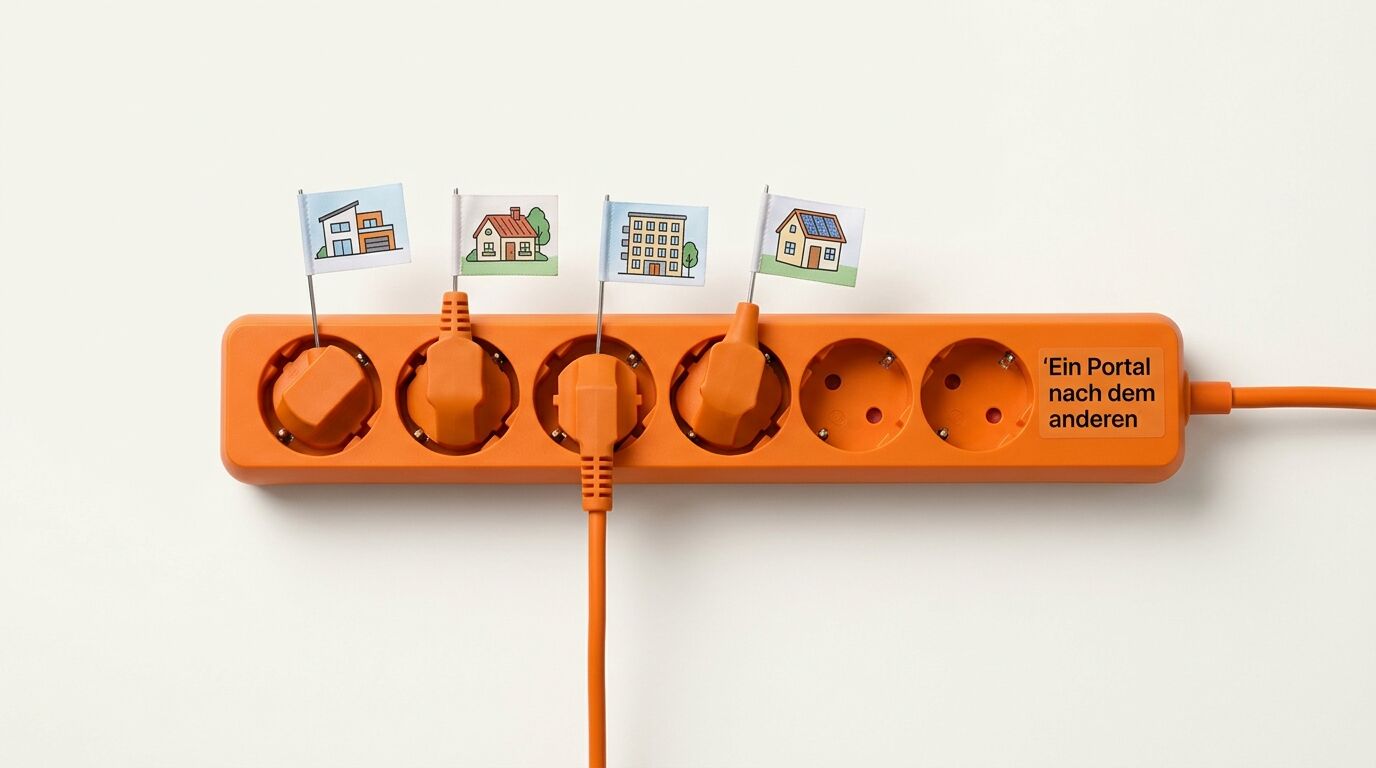 Orange Steckdosenleiste mit sechs Steckdosen und vier kleinen Flaggen mit Hausabbildungen, Beschriftung "Ein Portal nach dem anderen"