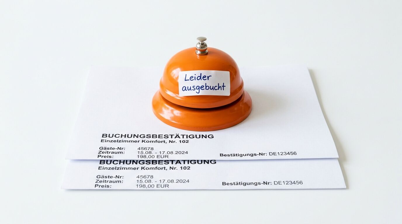 Orange Glocke mit Schild "Leider ausgebucht" auf Buchungsbestätigungen für Einzelzimmer Komfort