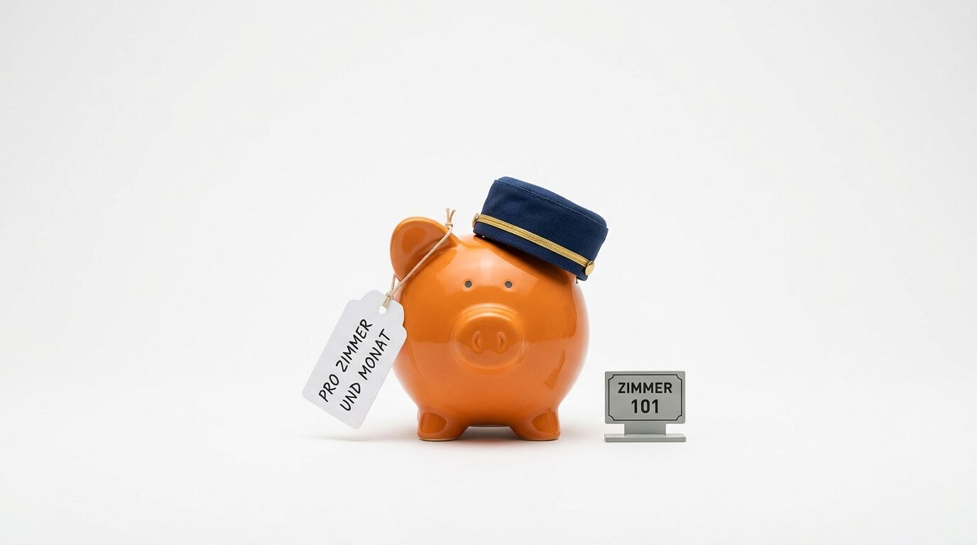 Oranges Sparschwein mit Kapitänsmütze, Schild "ZIMMER 101" und Anhänger "PRO ZIMMER UND MONAT"