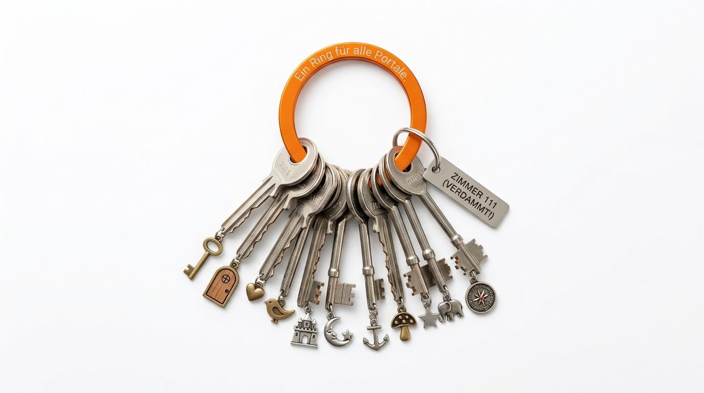 Schlüsselbund mit orangem Ring und verschiedenen Schlüsseln sowie Anhängern wie Kompass, Anker und Haus
