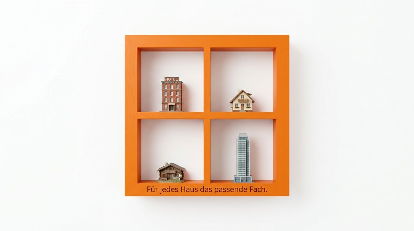 Orange Wandregal mit vier Fächern, darin Miniaturmodelle eines Hotels, Hauses, einer Hütte und eines Hochhauses