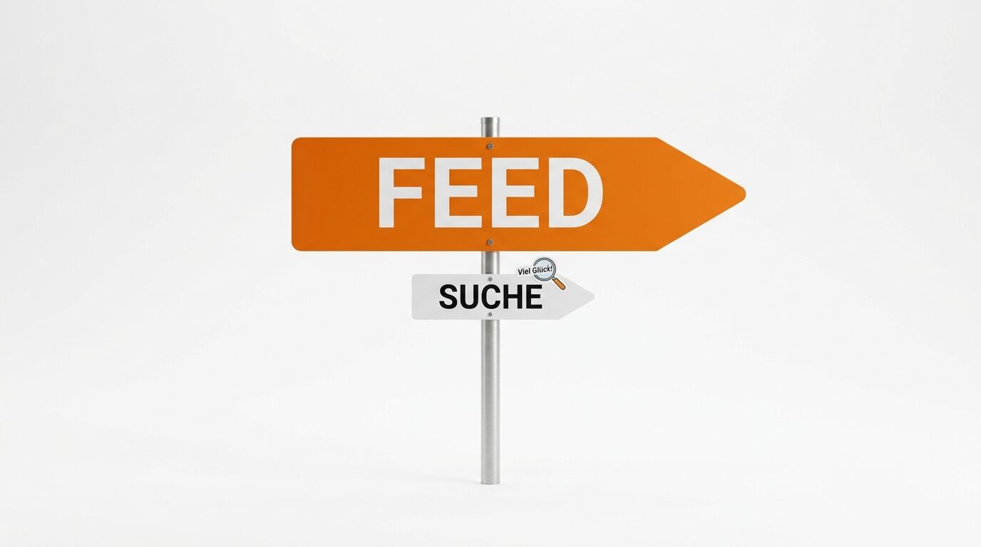 Wegweiser mit oranger „FEED“- und weißer „SUCHE“-Plakette und „Viel Glück!“-Lupe