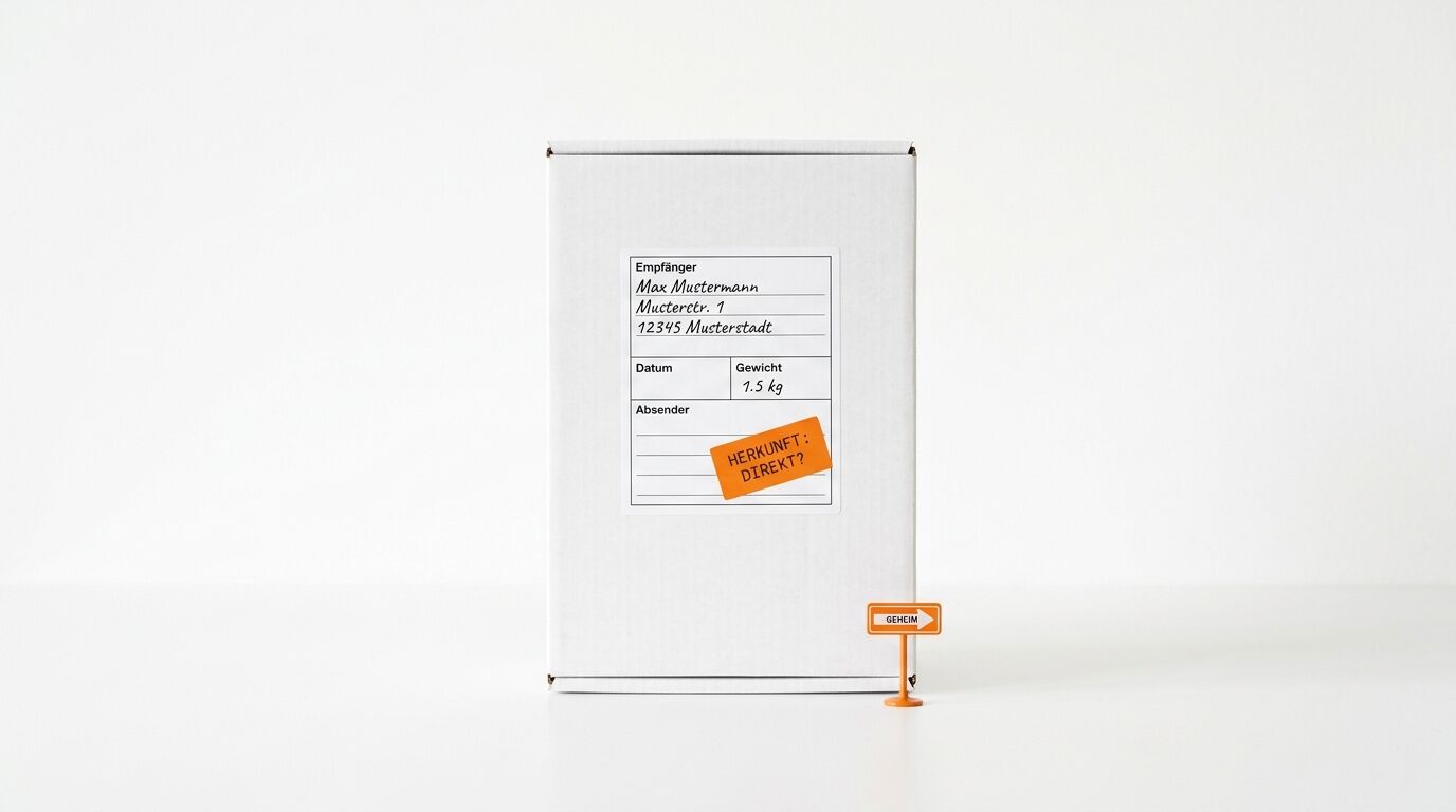 Weißer Karton mit Empfänger Max Mustermann und orangefarbenem Aufkleber „Herkunft: Direkt?“ und kleinem Hinweisschild „Geheim“ daneben