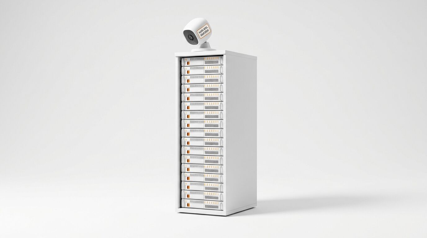3D-Render eines weißen Server-Racks mit Überwachungskamera auf weißem Hintergrund