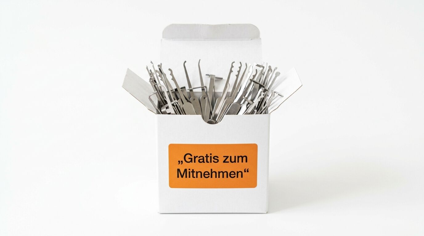 Weißer Karton mit „Gratis zum Mitnehmen“-Aufkleber gefüllt mit Dietrichen