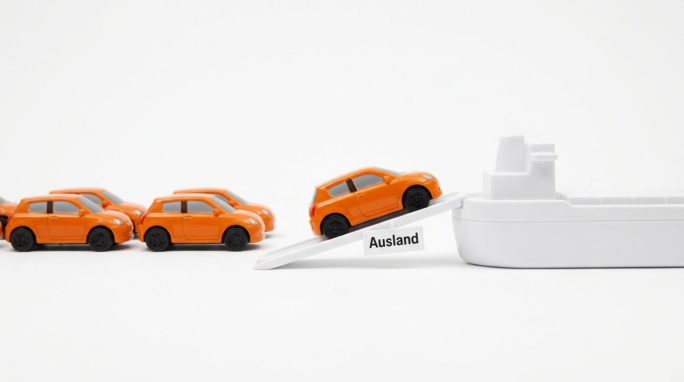 Modellautos fahren über eine Rampe auf ein weißes Schiff. Rampe trägt Schild „Ausland“