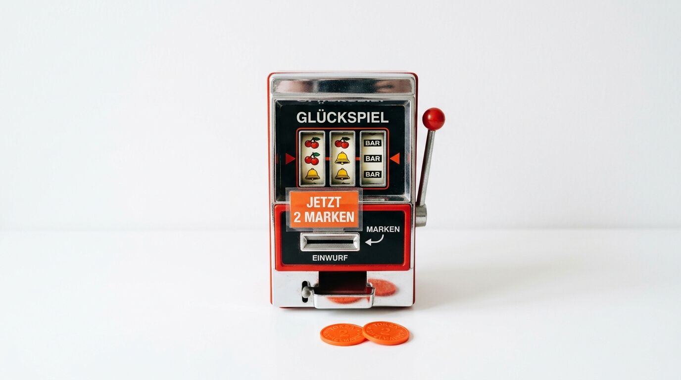 Rot-silberner Spielautomat mit Hebel und zwei Token auf weißem Grund