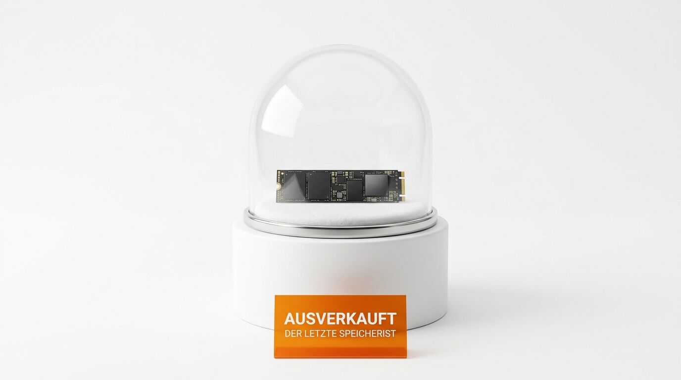 Eine M.2 SSD-Platine liegt unter einer Glasglocke auf einem Podest mit einem orangeroten Schild