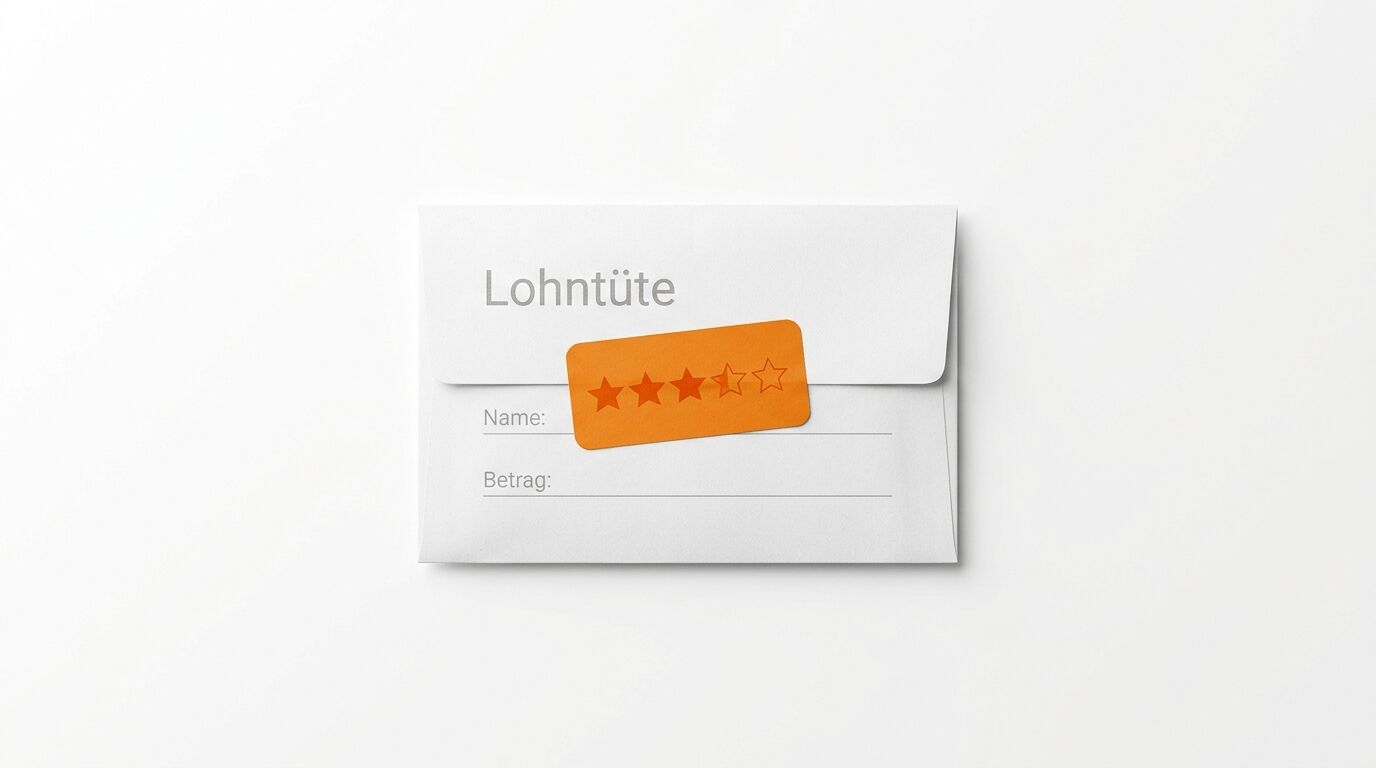 Lohntüte mit Aufkleber (drei volle Sterne) auf weißem Hintergrund