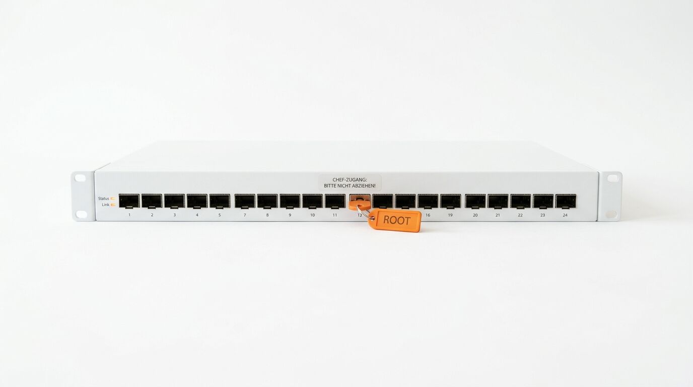 Schalter mit einem Schlüssel im Port. Der Schlüssel ist orange und hat die Aufschrift „root“