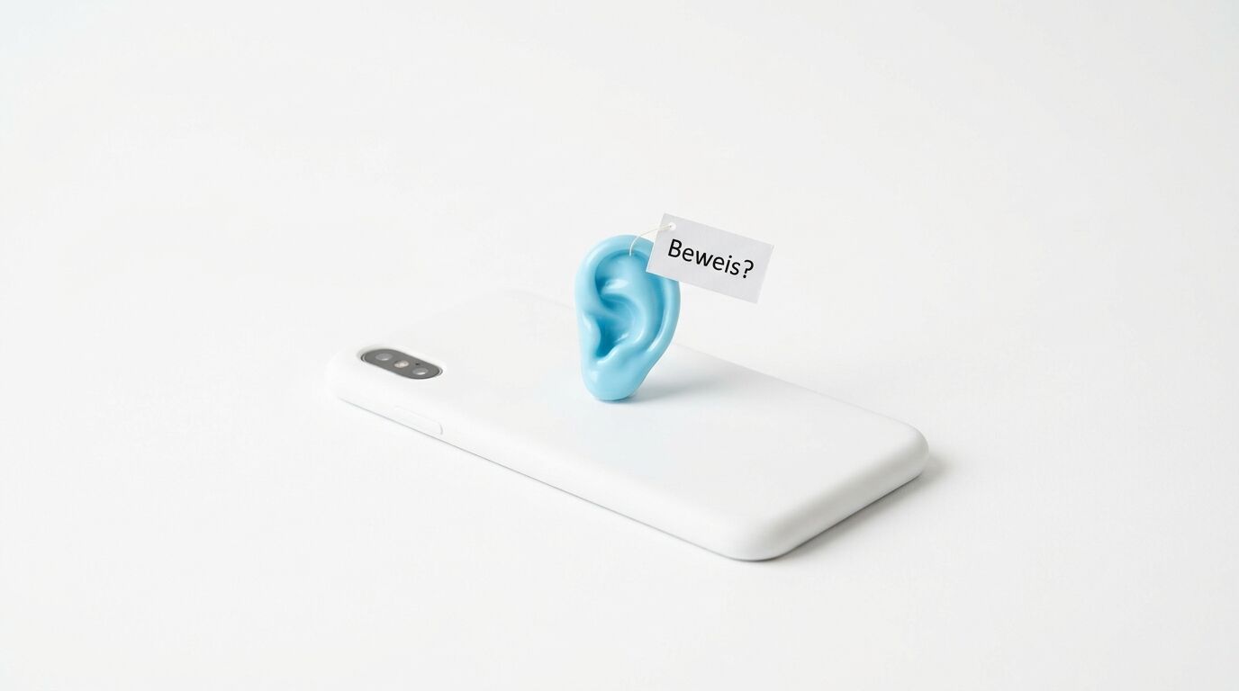 Blaues Modellohr auf weißem Smartphone mit Schildchen „Beweis?“ auf weißem Hintergrund