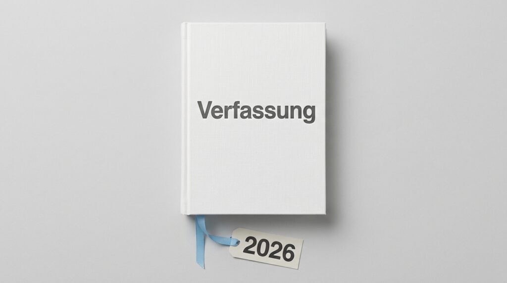 Claude von Anthropic: weißes Buch mit der Aufschrift „Verfassung“ und hellblauem Lesebändchen, Etikett „2026“
