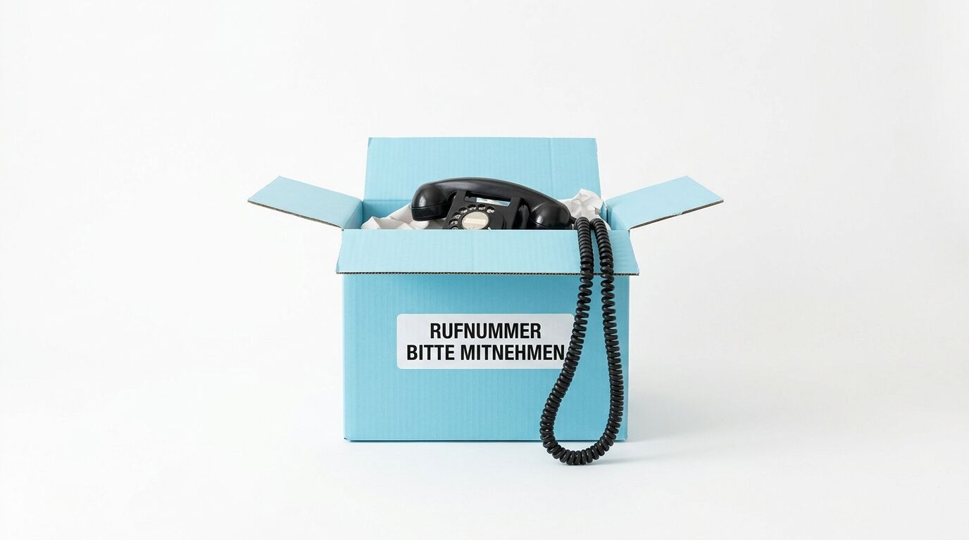 Schwarzes Telefon mit Wählscheibe in hellblauem Karton mit Aufkleber "RUFNUMMER BITTE MITNEHMEN"
