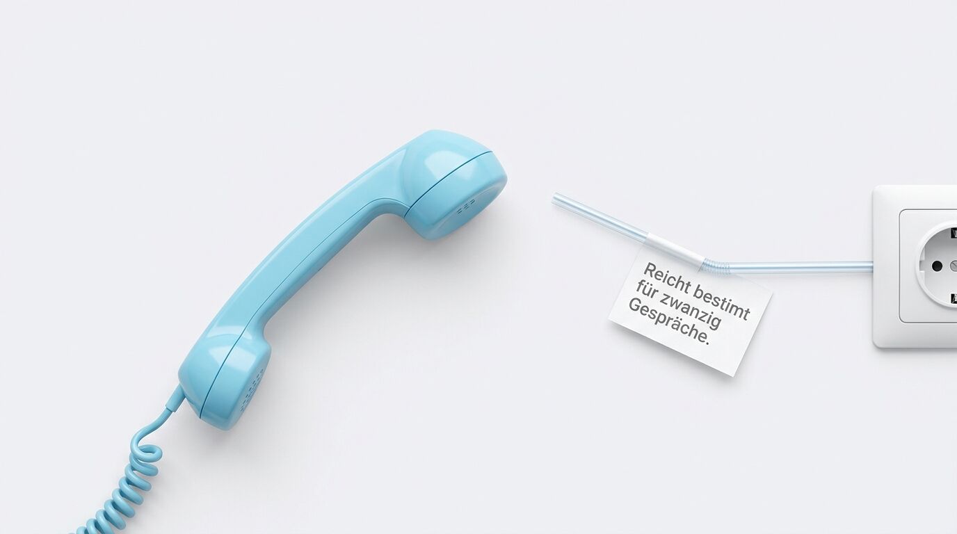 Hellblaues Telefonhörer mit Spiralkabel neben einem Zettel mit deutschem Text und einer Steckdose