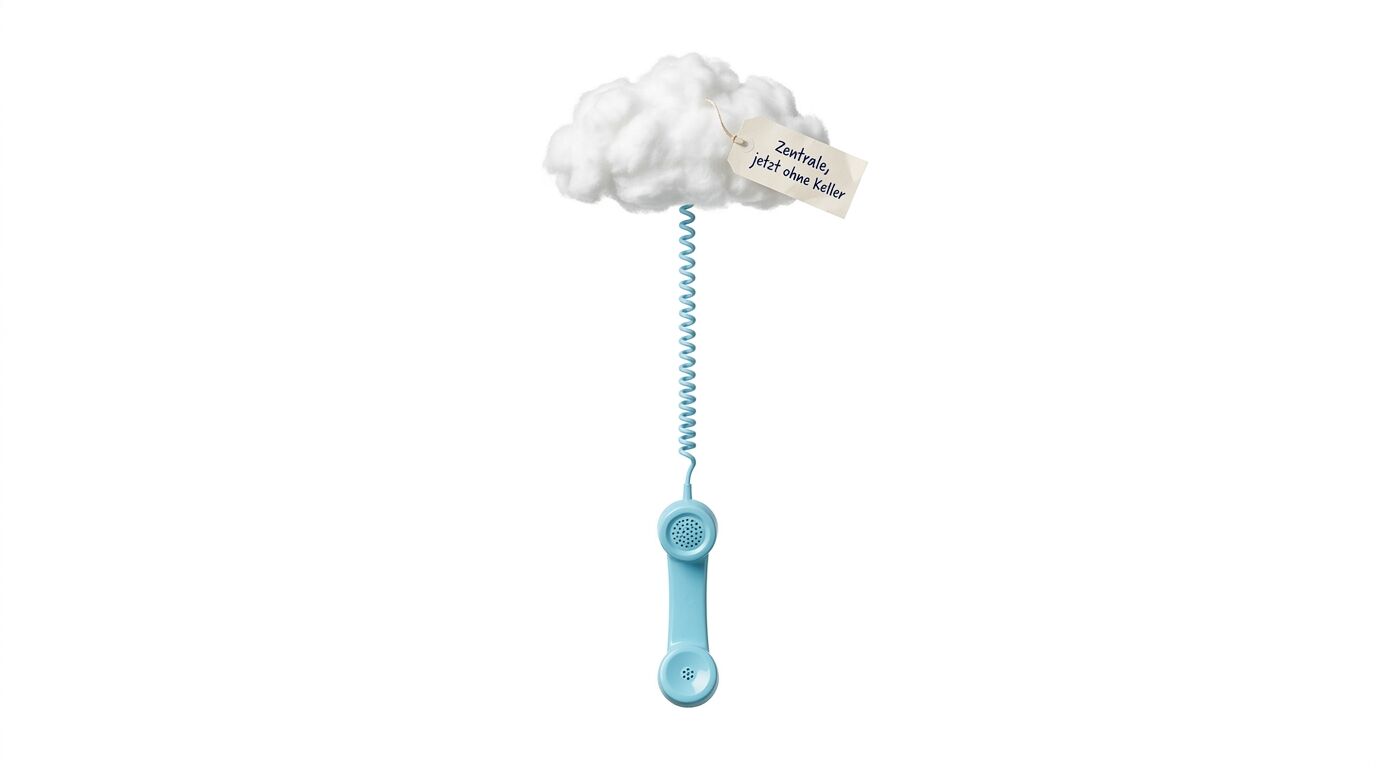 Ein blaues Telefonhörer hängt an einer Spiralschnur von einer Wolke herab. Die Wolke trägt ein Etikett mit der Aufschrift "Zentrale, jetzt ohne Keller"