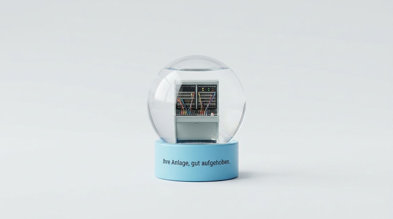 Glaskugel mit Telefonvermittlungsanlage innen, blauem Sockel und Text "Ihre Anlage, gut aufgehoben"