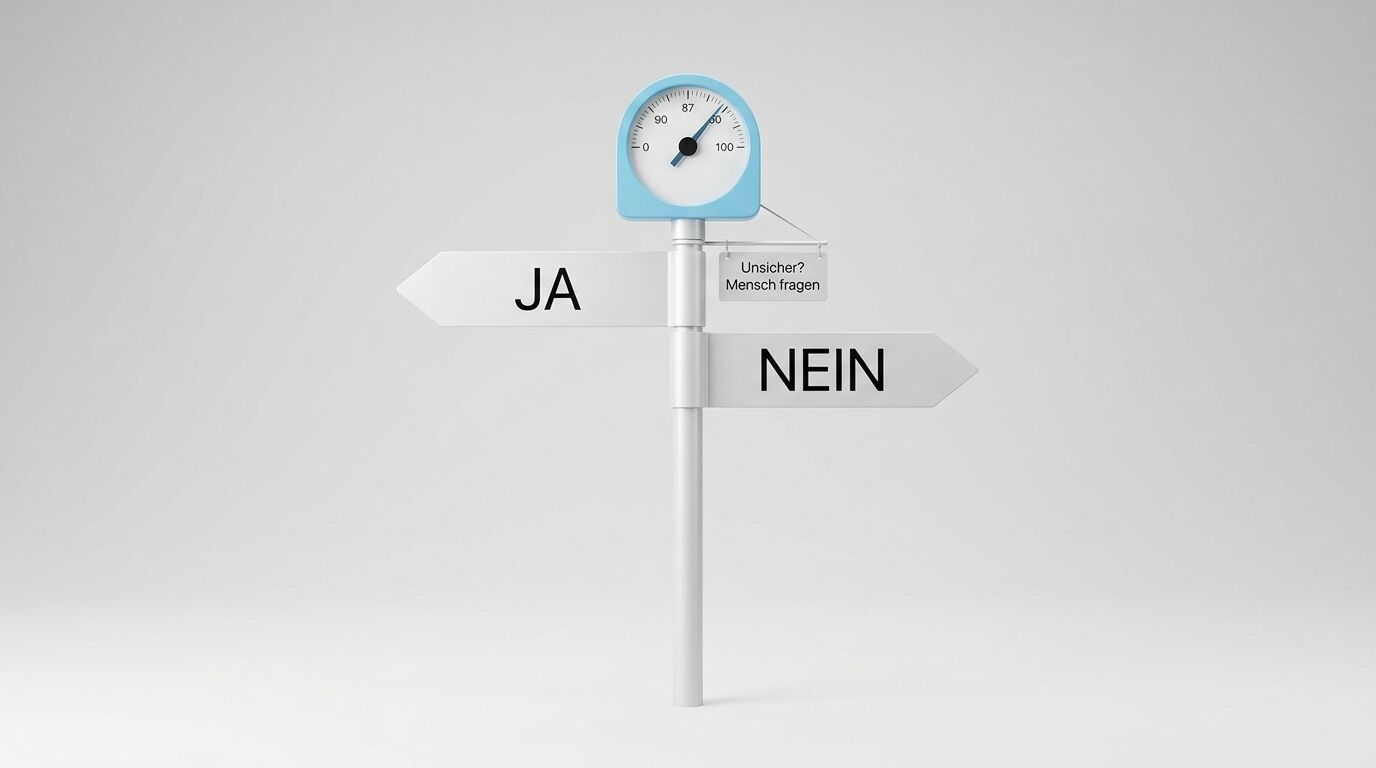 Schilderpfahl mit „JA“ und „NEIN“, Messgerät oben, Hinweisschild „Mensch fragen“ rechts