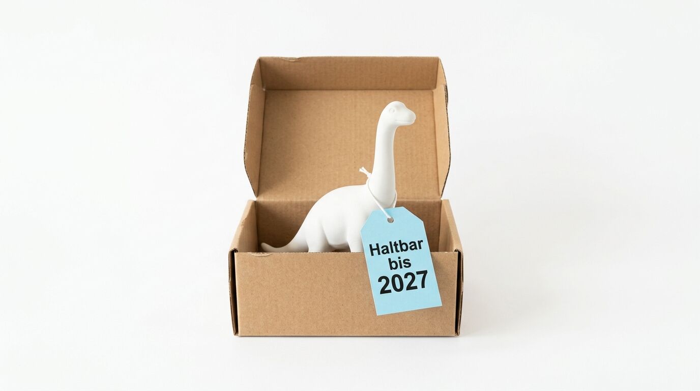 Dino-Figur im Karton mit Schild „Haltbar bis 2027“ auf weißem Grund