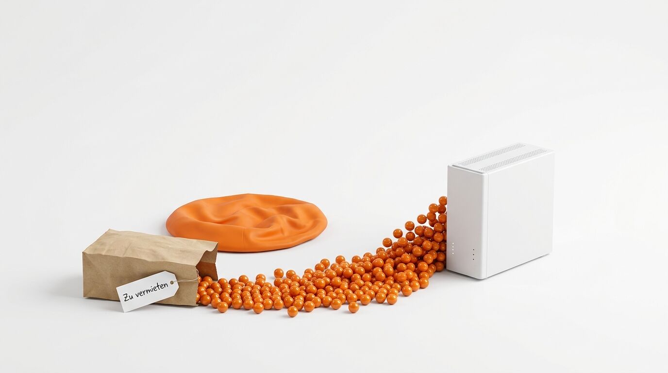 Orange Kugeln fließen aus einer Papiertüte in ein weißes Gerät, im Hintergrund ein Sitzsack