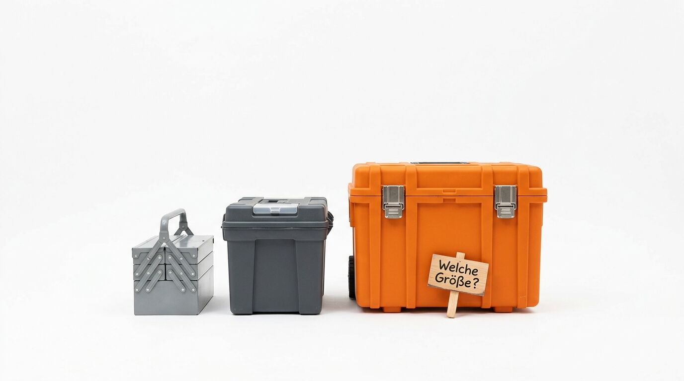 Drei Werkzeugkästen in aufsteigender Größe: grau, dunkelgrau und orange mit Schild "Welche Größe?"
