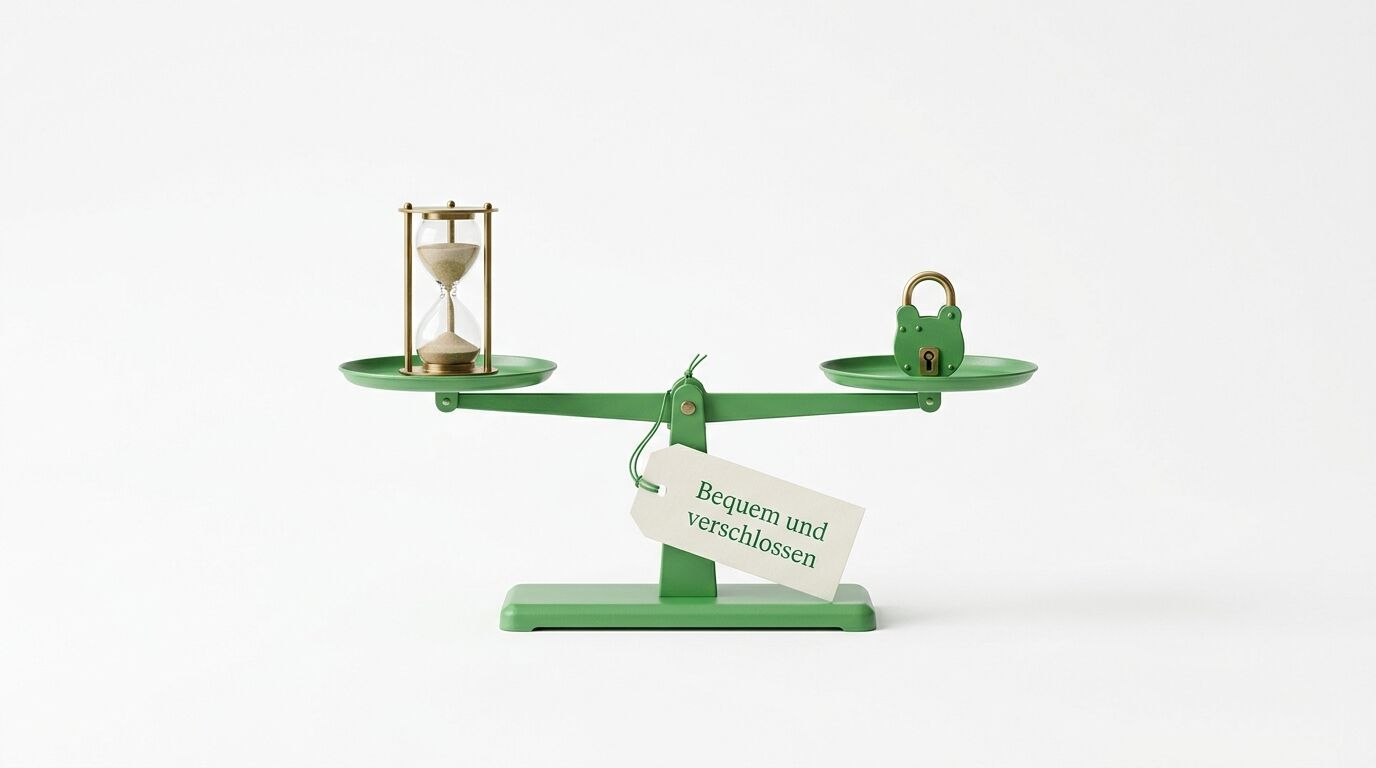 Grüne Waage mit Sanduhr links und Schloss rechts, Schild "Bequem und verschlossen" in der Mitte