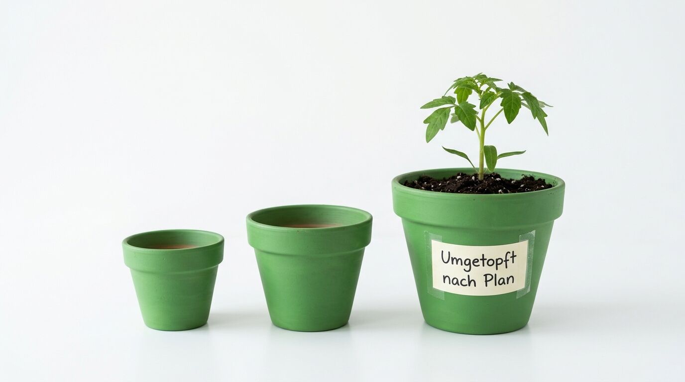 Drei grüne Blumentöpfe in aufsteigender Größe. Der größte enthält eine Tomatenpflanze und trägt das Label "Umgetopft nach Plan"