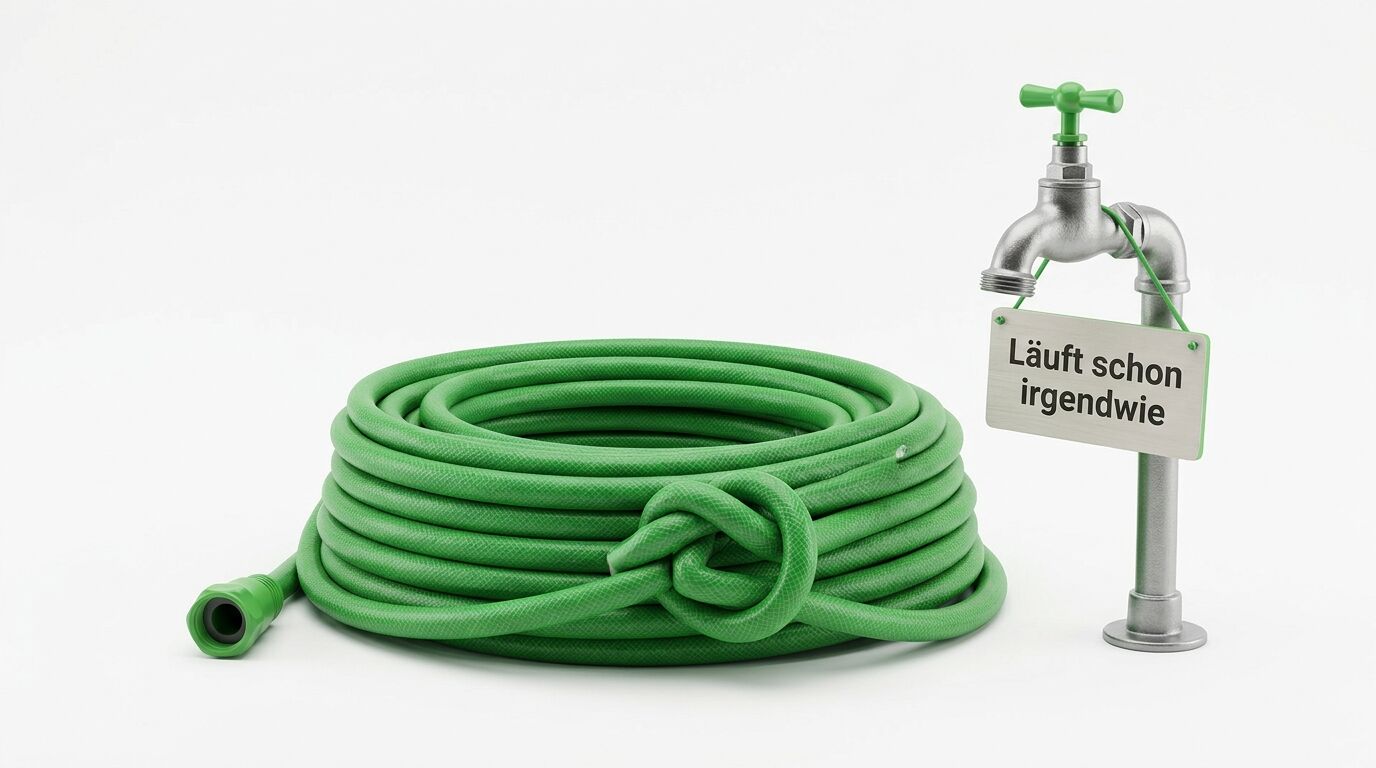 Grüner Gartenschlauch aufgerollt neben einem Wasserhahn mit Schild "Läuft schon irgendwie"