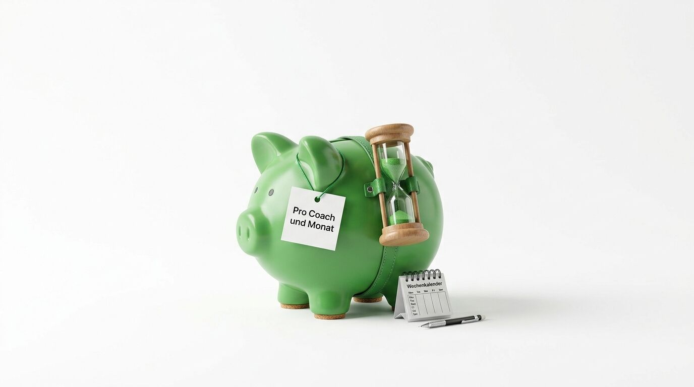 Grünes Sparschwein mit Etikett "Pro Coach und Monat", Sanduhr, Wochenkalender und Stift auf weißem Hintergrund
