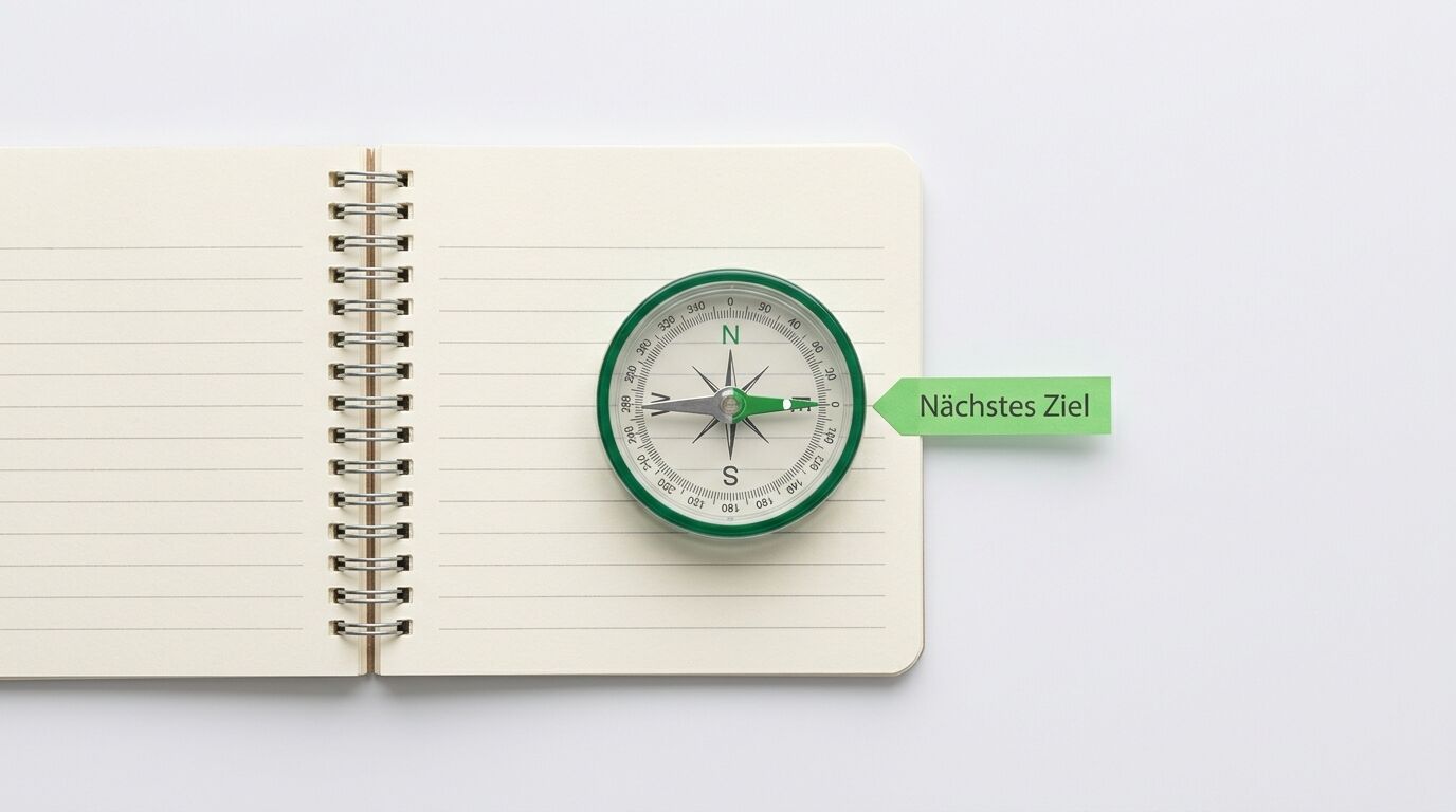 Kompass auf aufgeschlagenem Spiralnotizblock mit grünem Etikett "Nächstes Ziel" auf weißem Hintergrund