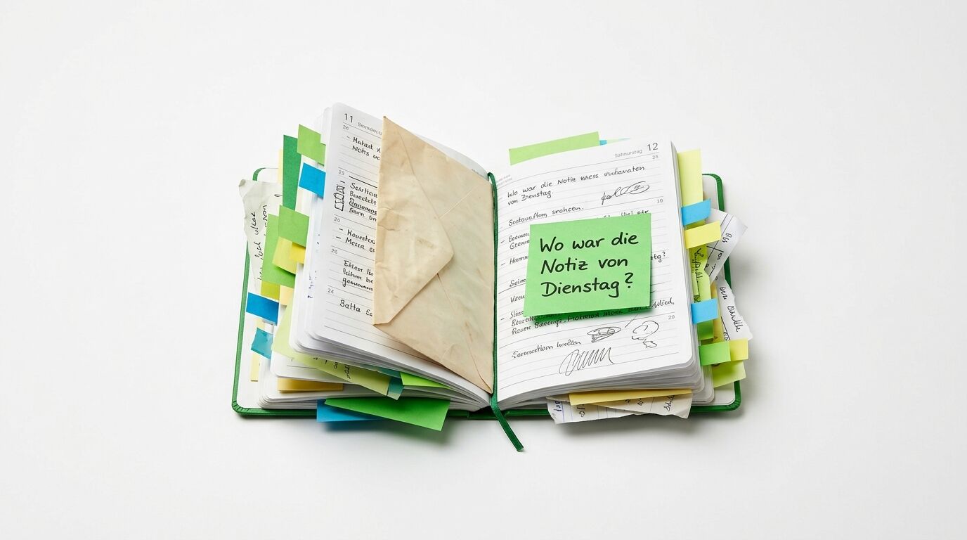 Aufgeschlagenes grünes Notizbuch mit bunten Registern und Haftnotizen, gefüllt mit handschriftlichen Notizen und Dokumenten