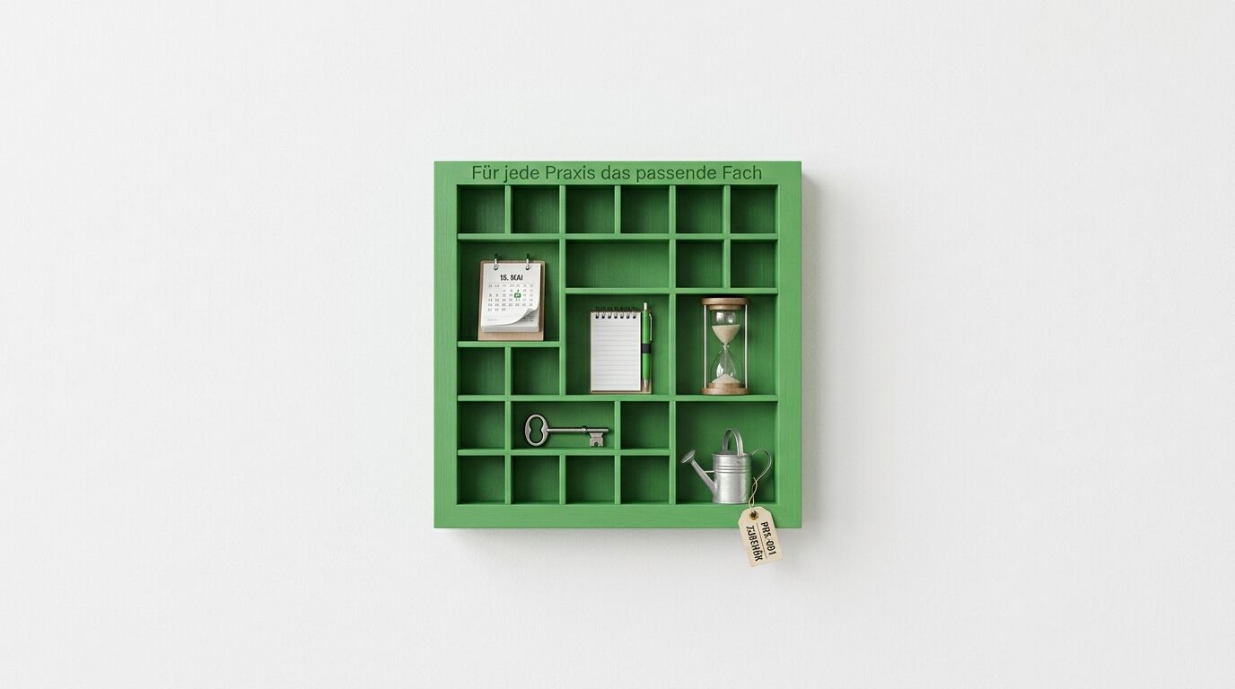 Grünes Wandregal mit Schachteln, Kalender, Notizbuch, Schlüssel, Sanduhr und Gießkanne gegen weiße Wand