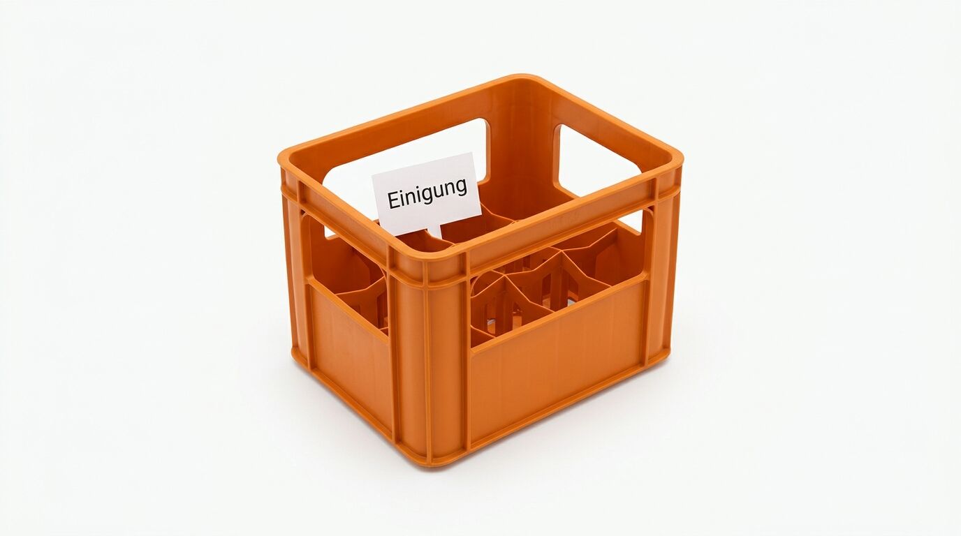 Orange Getränkekiste mit eingestecktem Schild, darauf Text „Einigung“
