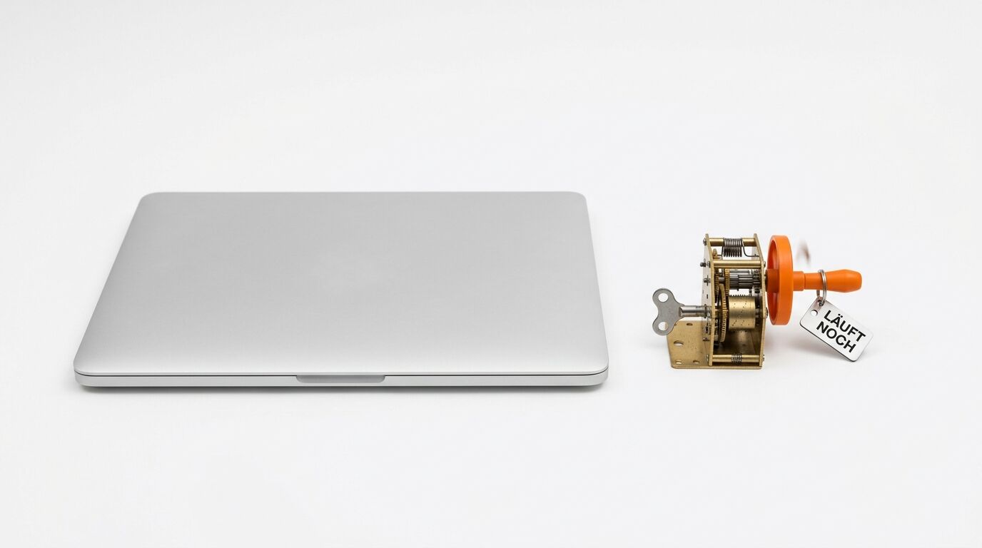 Geschlossener Laptop und mechanisches Uhrwerk mit Anhänger