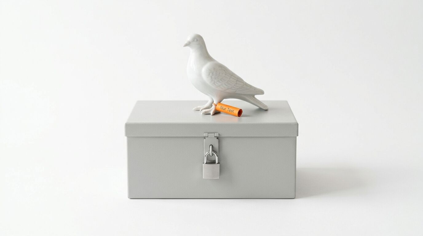 Eine weiße Keramiktaube steht auf einer verschlossenen, grauen Metallbox vor weißem Hintergrund. Am Bein der Taube ist eine kleine, orangefarbene Papierrolle befestigt, auf der der Text „Nur Test“ steht
